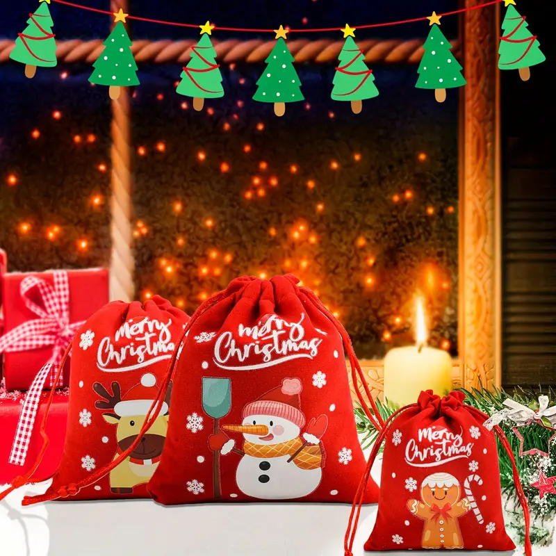 Christmas Red Velvet Drawstring Pouch Set